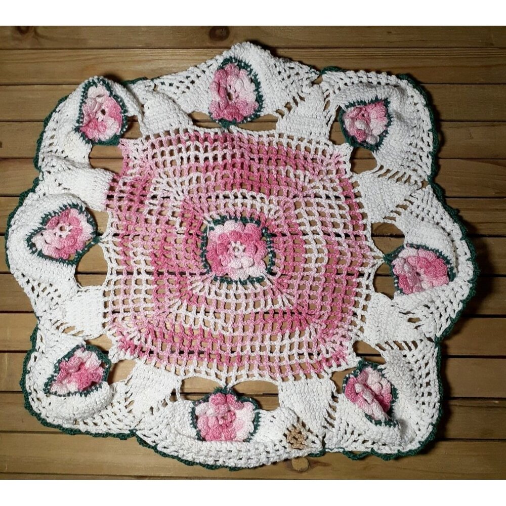 VTG Estate Large Size 15" Round Doily Hand Crochet Doily Table Pink Flowers